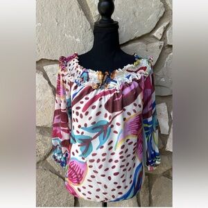 PatBO Flora Off the Shoulder Top Size Medium White Multicolor Lined Chiffon‎